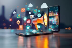 digital marketing communication icons floating smartphone modern concept