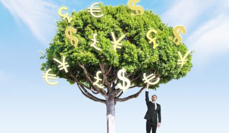 businessman picking golden currency signs from money tree green grass bright sky background concept financial growth 3d rendering