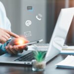 businesswoman using phone touching virtual screen contact icons such as email address live chat internet wifi contact us customer support hotline people connect connect with cyberspace