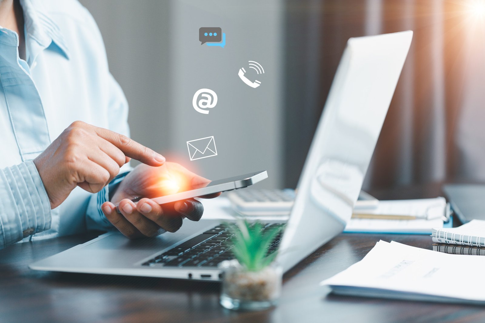 businesswoman using phone touching virtual screen contact icons such as email address live chat internet wifi contact us customer support hotline people connect connect with cyberspace scaled